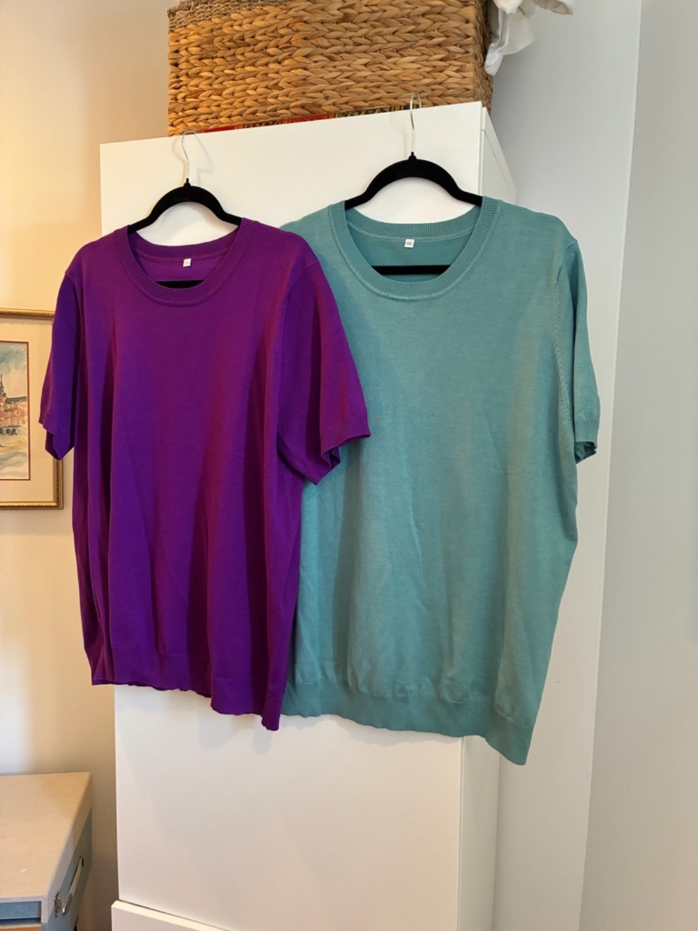 Purple and Teal Short-Sleeve Knit Tops - Crew Neck 2XL